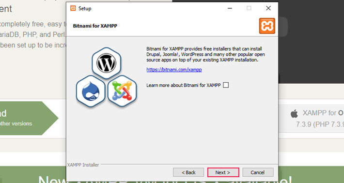 Uncheck the “Learn more about Bitnami for XAMPP” option