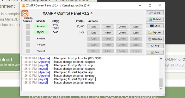 XAMPP’s Control Panel screen