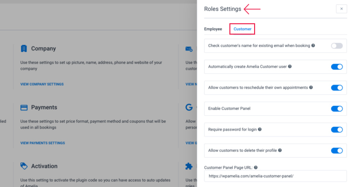 Amelia Role Settings Customer