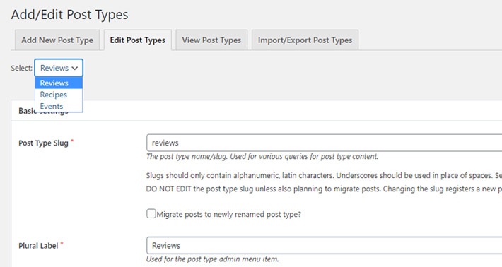 Edit Post Types tab