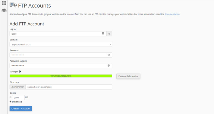 Form for creating a new FTP account