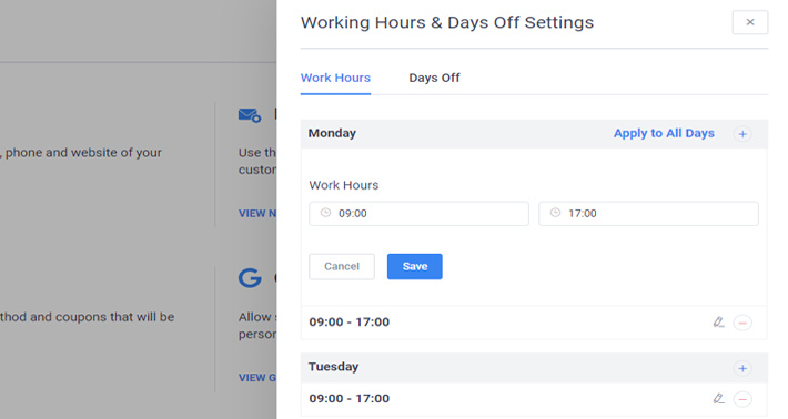 Working Hours & Days off Settings