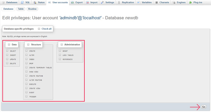 Assign the database specific privileges