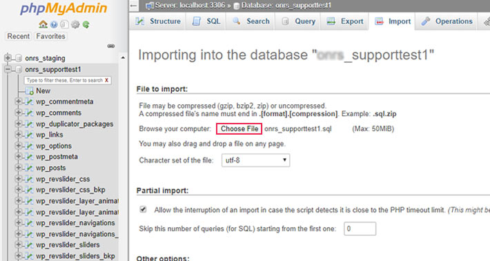 Choose File button and select the database backup