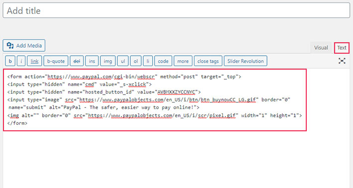 Code displayed in the Website tab