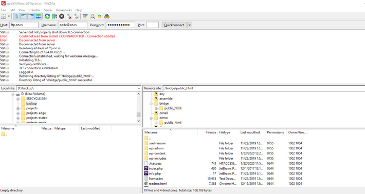 filezilla logs showing ip address of server