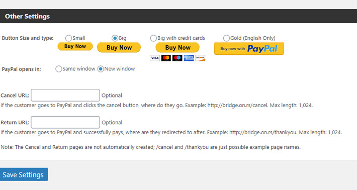 PayPal Now Button Other Settings