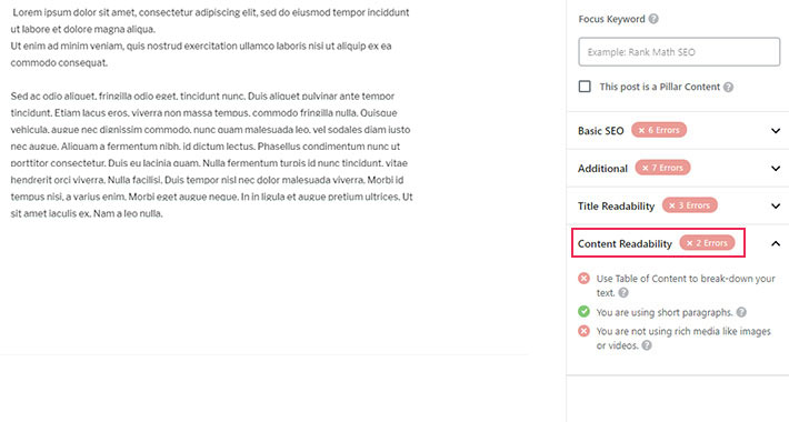 Rank Math Post Content Readability