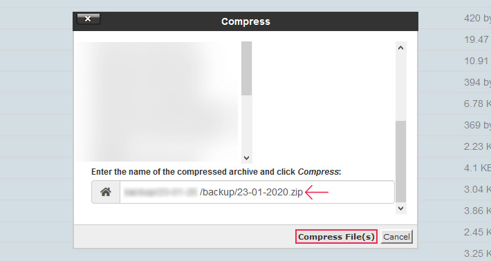 Select the zip archive option to compress files