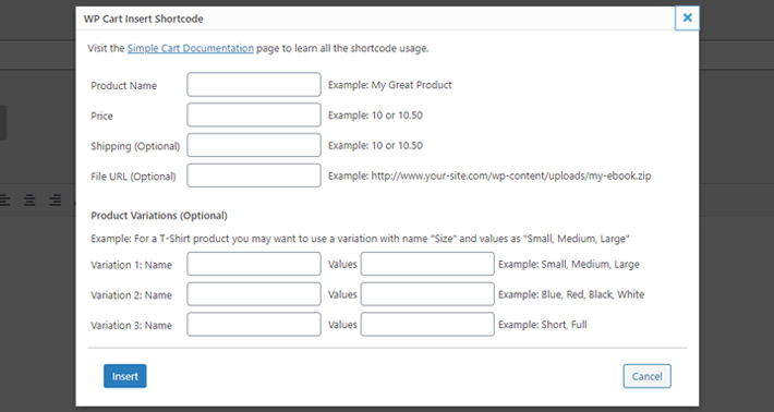 WP Cart shortcode options