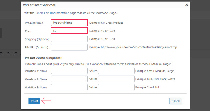 WP Cart shortcode settings