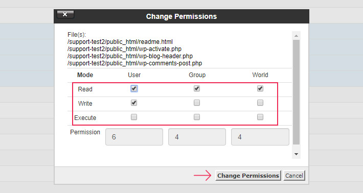 Change Permissions 644