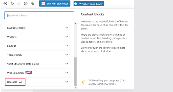 Search Reusable Block