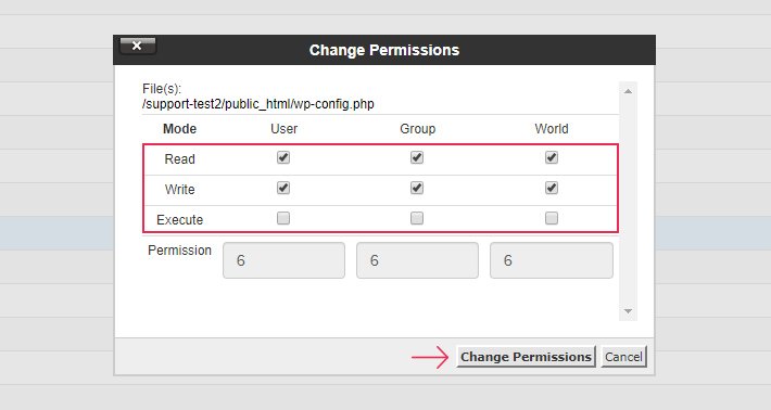Wp-config permissions in cPanel Change Permissions