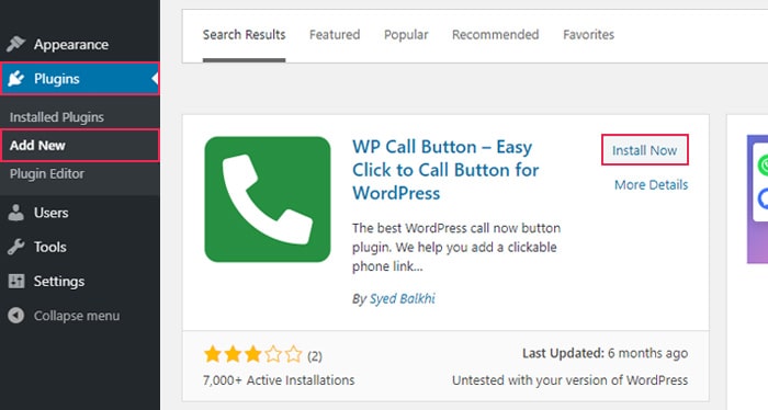 Install WP Call Button plugin