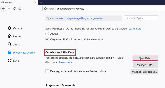 Cookies and Site Data section