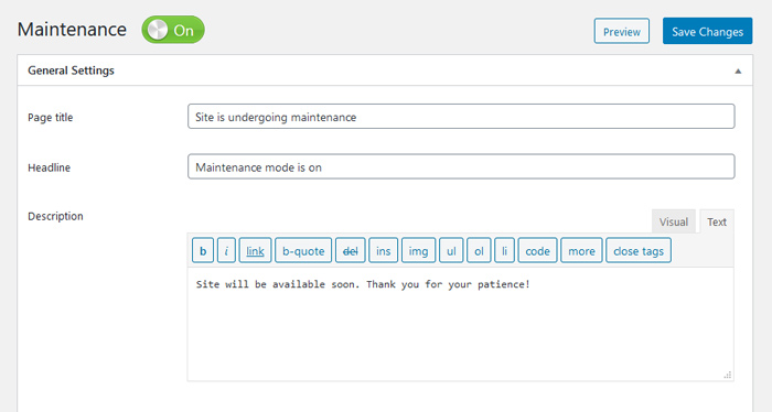 Maintenance Plugin General settings