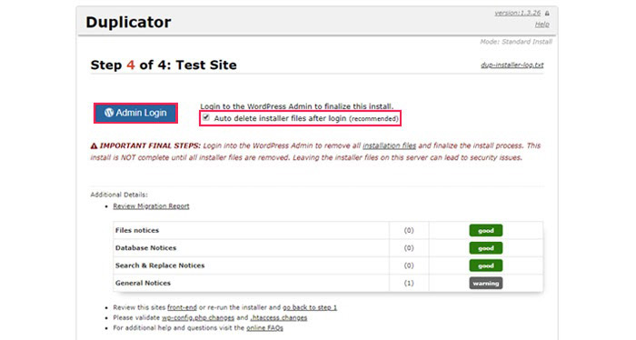 Testing your new site and-removing-the Duplicator installer files