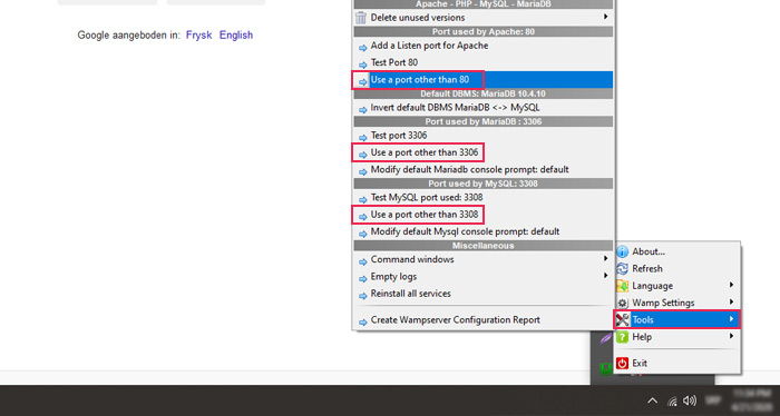 Use the WAMP Tools options to change default ports