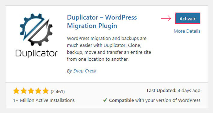 Activate Duplicator plugin