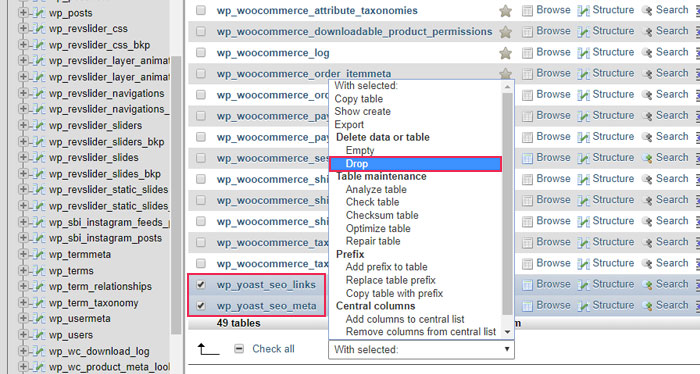 Yoast plugin creates two additional-tables that you need to delete