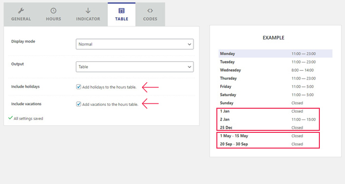 Display vacation times and holidays