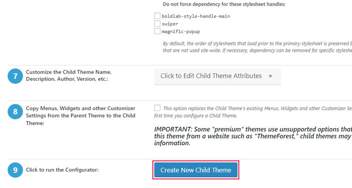 Create New Child Theme button