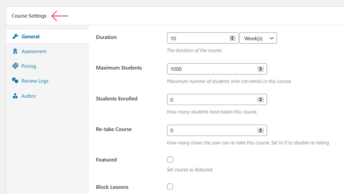 Course Settings section