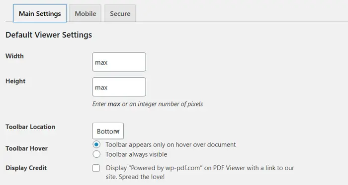 PDF Embedder Main Settings