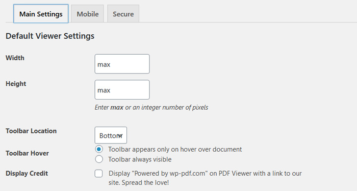 PDF Embedder Main Settings