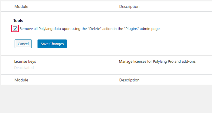 Polylang removal option