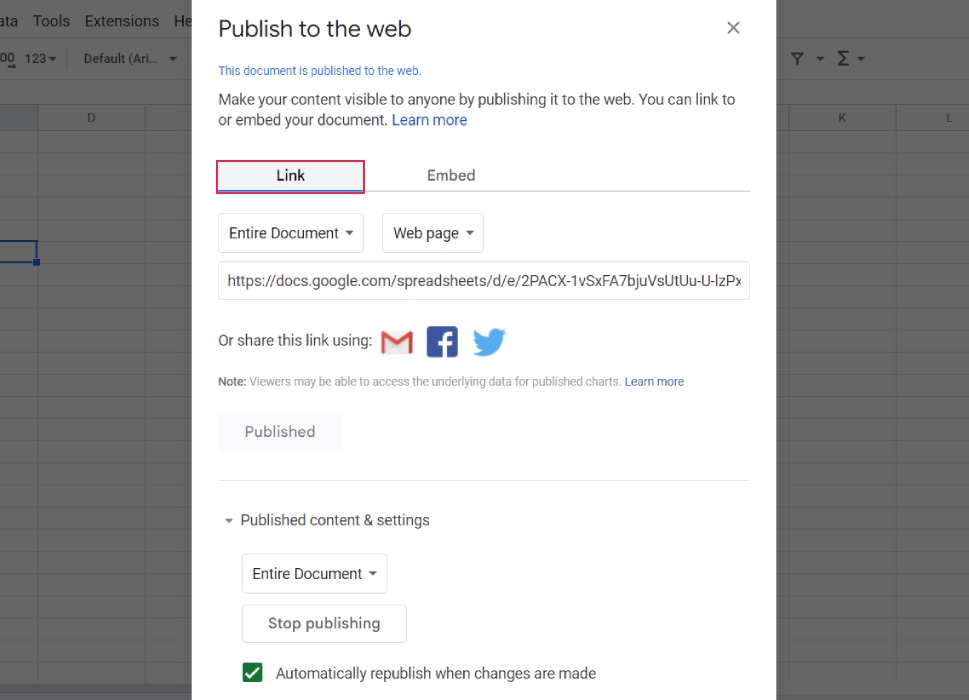 Sheets Publish to Web Link