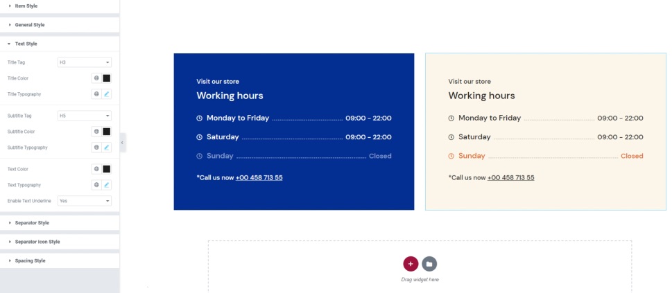 Working Hours Elementor 2nd Column