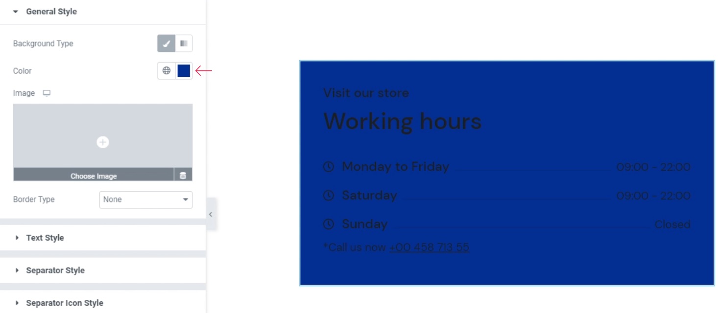 Working Hours Elementor Color