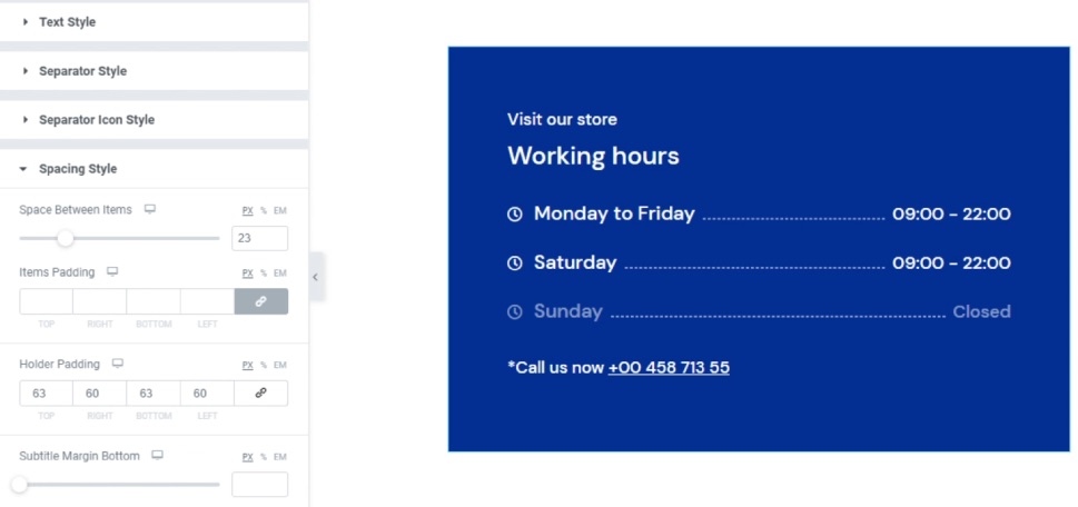Working Hours Elementor Spacing Style