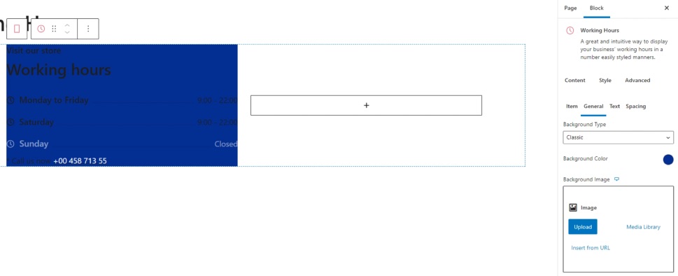 Working Hours Gutenberg Background Color