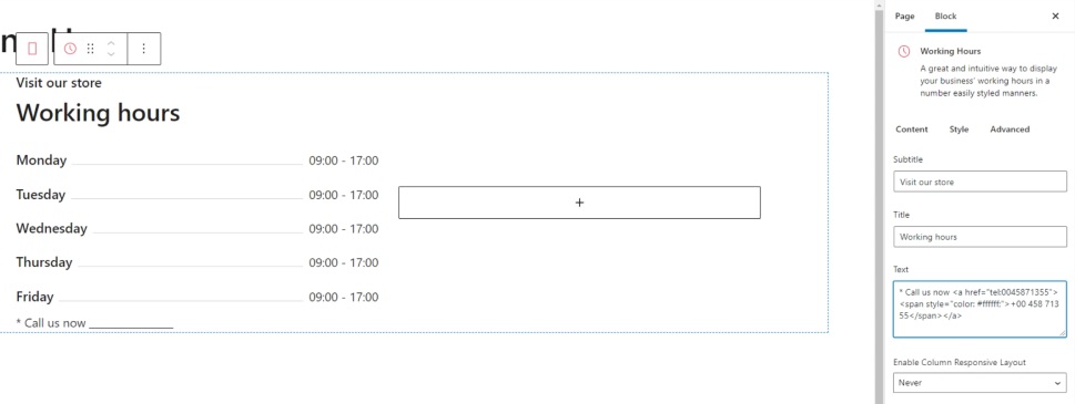 Working Hours Gutenberg Content Added