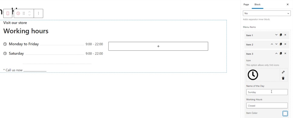 Working Hours Gutenberg Items