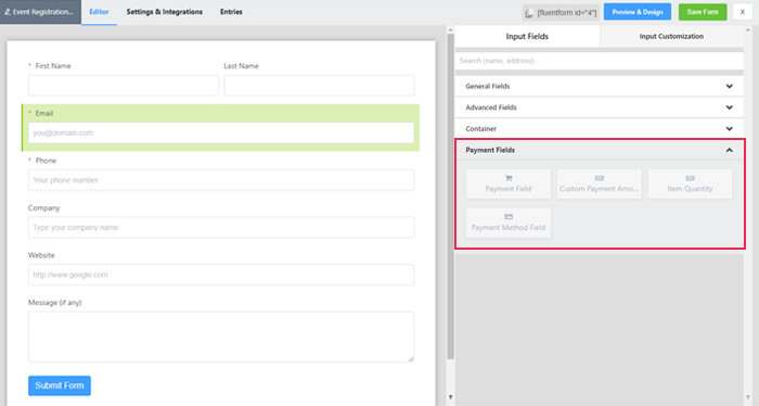 Input Fields tab is the Payment Fields section