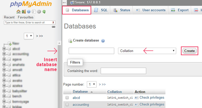 Create database section