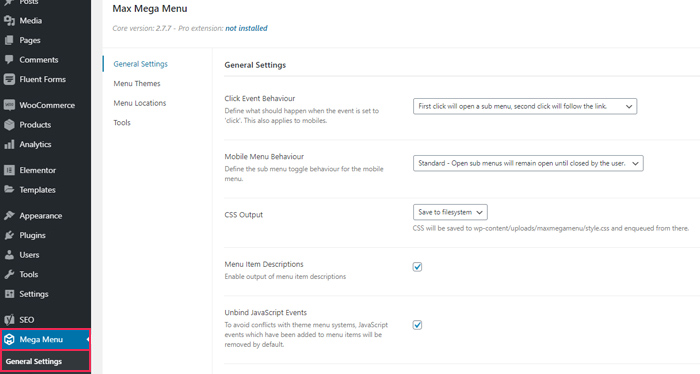 Max Mega Menu plugin General Settings