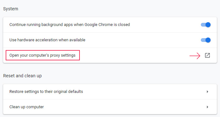 Open proxy settings