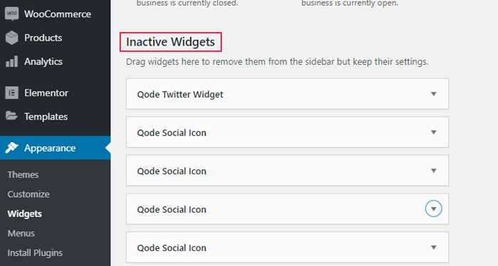 Inactive Widgets section