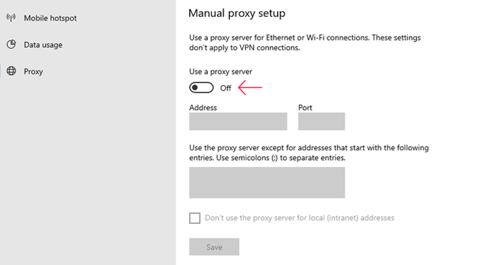 Turn on Use a proxy server