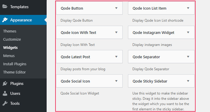 Widgets in Qode Interactive Themes