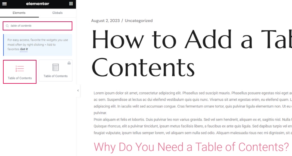 Add Widget Table of Contents