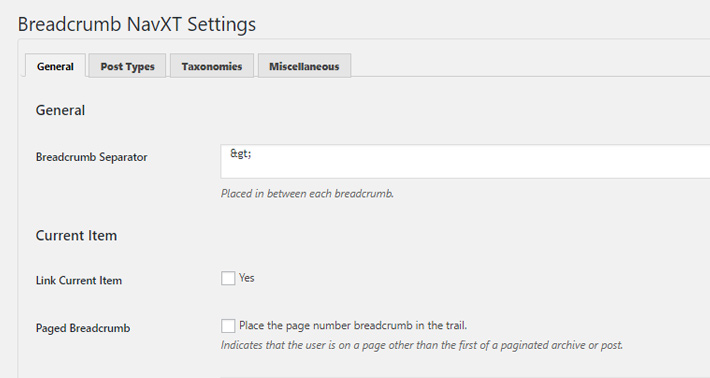 Breadcrumb NavXT Plugin Settings