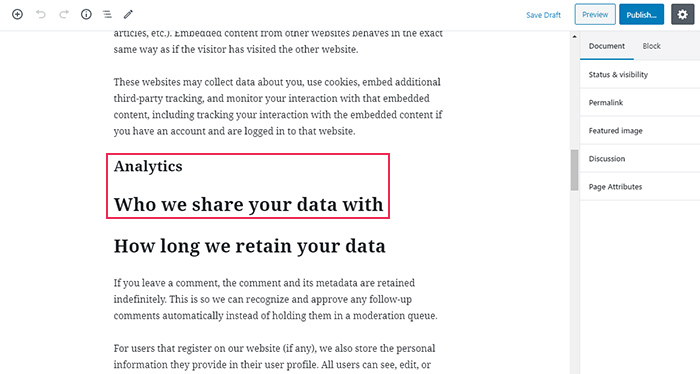 Privacy Policy Page Personal Data Analytics