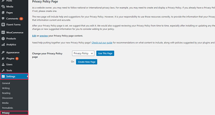 Privacy Settings Page