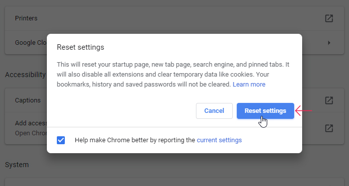 Reset Settings Chrome